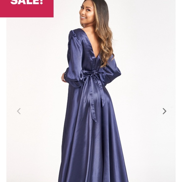 Elizabeth K by GLS long sleeve, floor length gorgeous navy blue gown - Picture 2 of 8